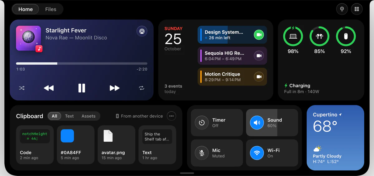 Tilora open under the notch, with music, the calendar, batteries, the clipboard, controls and the weather