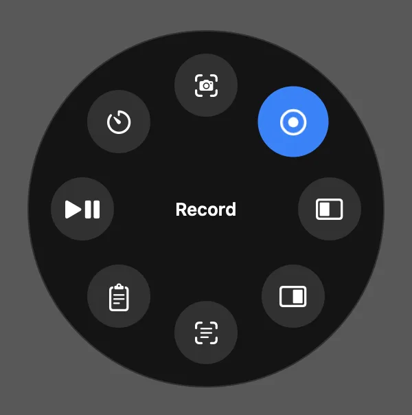 Tilora’s action ring with capture, record, snap left, snap right, text, clipboard, play and timer