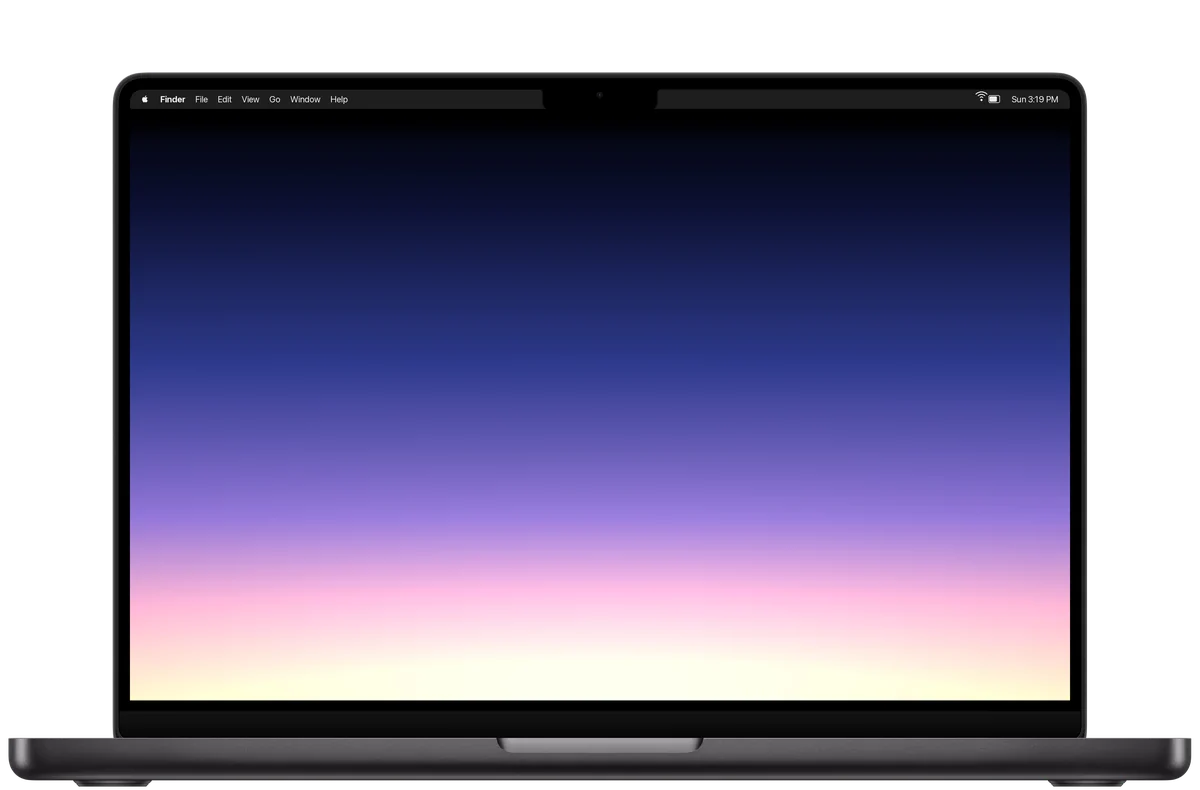 The Dawn wallpaper on a MacBook Pro, its notch hidden in the black at the top